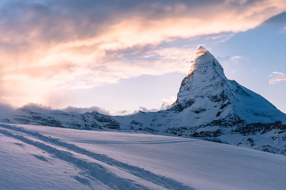 snow, winter, mountain, hill, rocks, cliffs, sky, clouds, landscape HD wallpaper