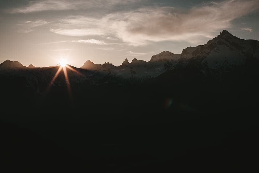 flare, light, mountain, nature, outdoors, mountain range, sunrise HD wallpaper