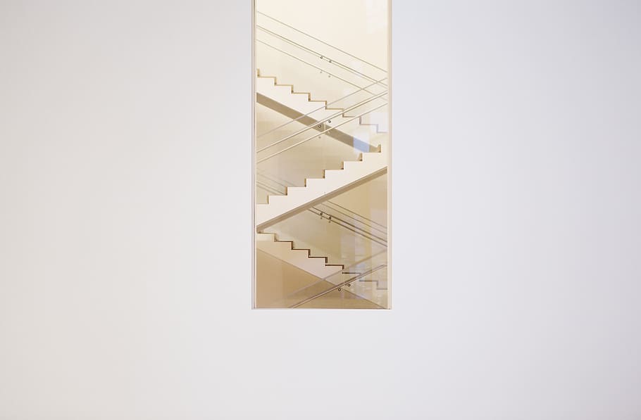 staircase, stairwell, window frame, white, wall, steps, up HD wallpaper