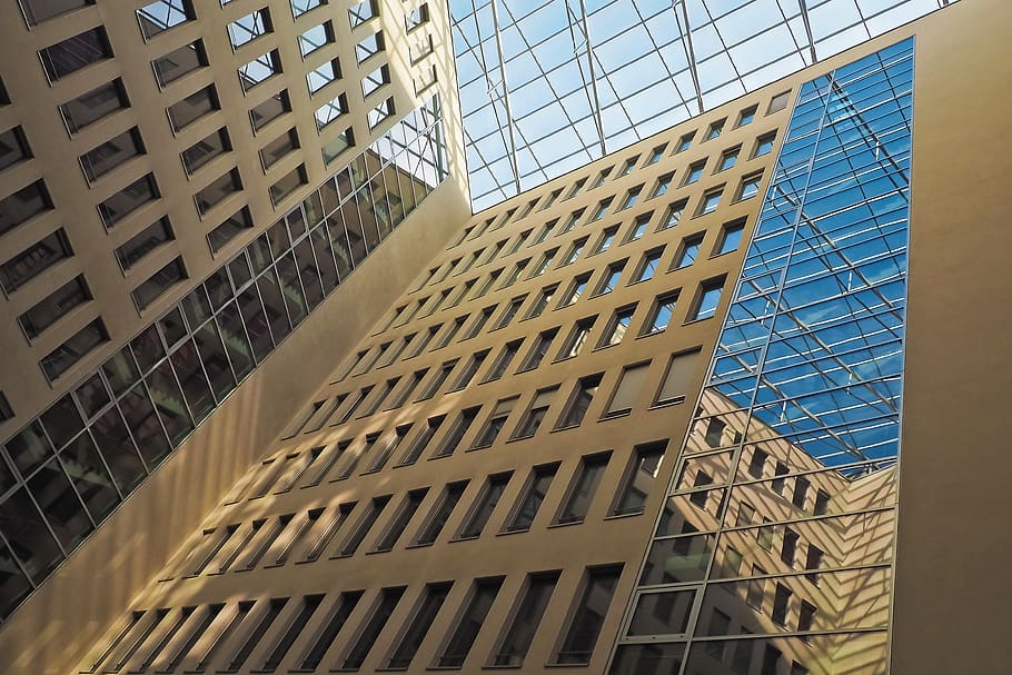 Gray Concrete Buildings, architecture, low angle shot, office HD wallpaper