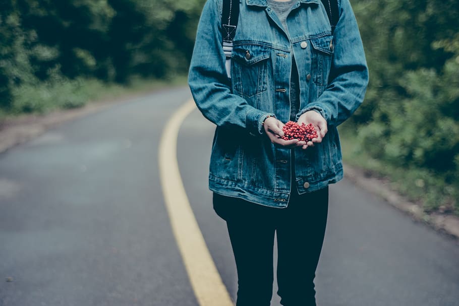 hands, berries, people, denim, jean jacket, road, nature, outdoors HD wallpaper