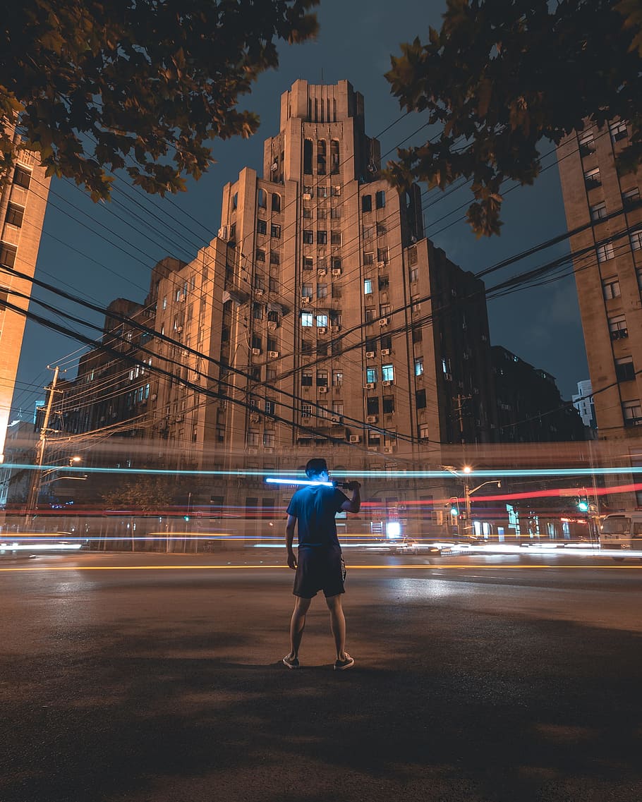 time-lapsed photography, man, male, light, building, architecture