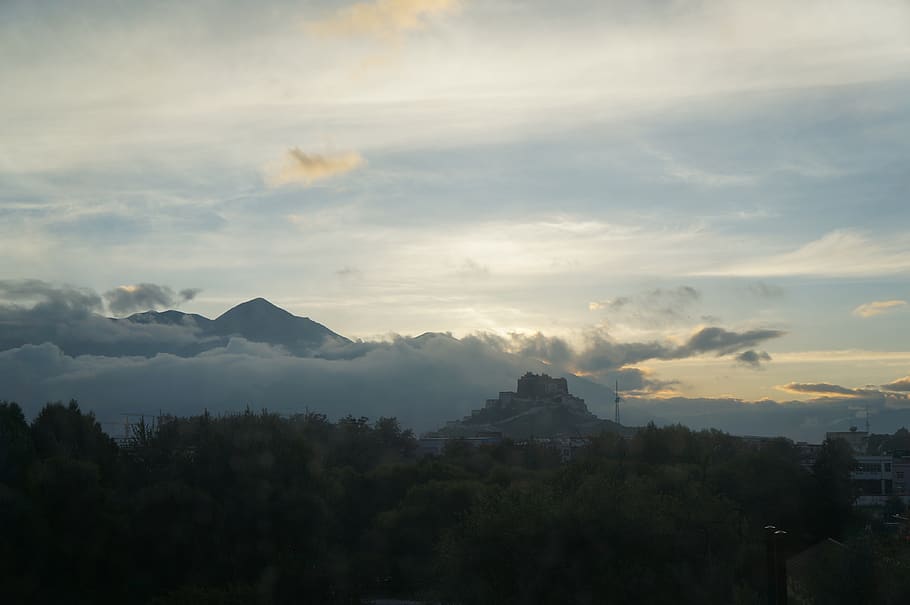 china, lhasa, morning, sun glow, cloud, potala palace, mountain, HD wallpaper
