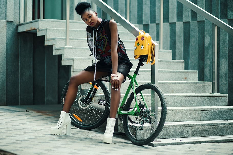 Woman in Black Sleeveless Dress Sitting on Green Bike, bicycle, HD wallpaper