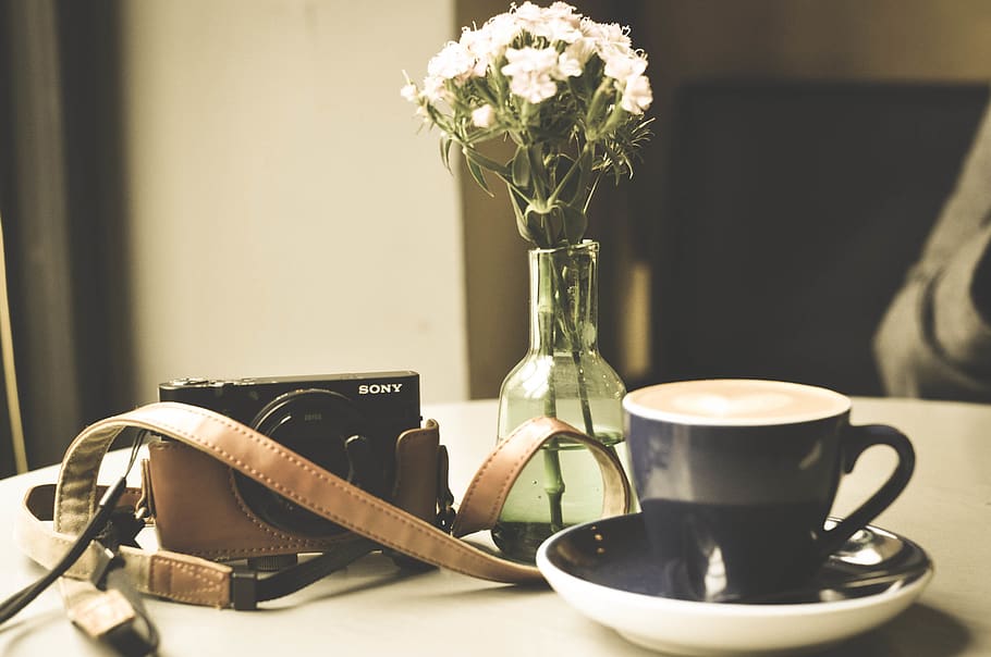 coffee, latte, cappuccino, cup, sony, camera, photography, leather HD wallpaper