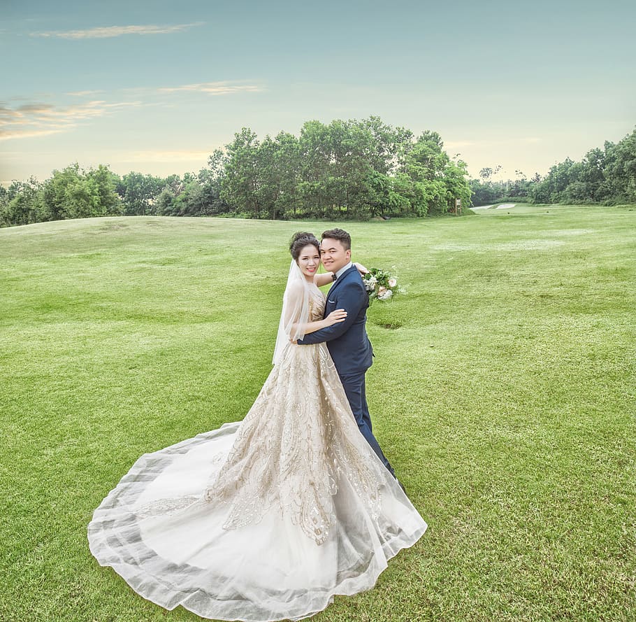 Bride and Groom Standing on Green Grass Field, bridal, ceremony