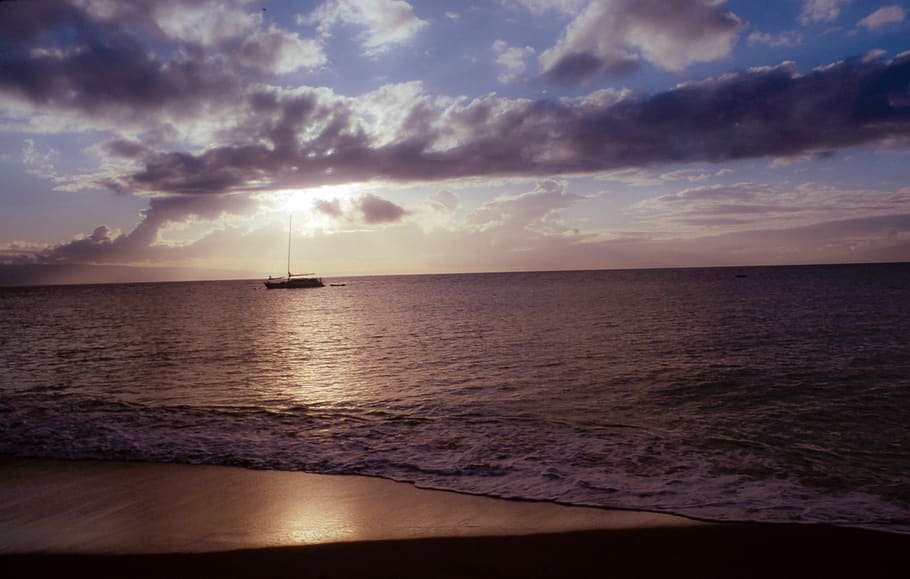 sunset, ocean, boat, beach, sea, sky, water, cloud - sky, horizon HD wallpaper