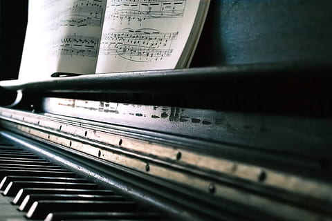 Music Sheet on Black Piano, background, close-up, instrument HD wallpaper