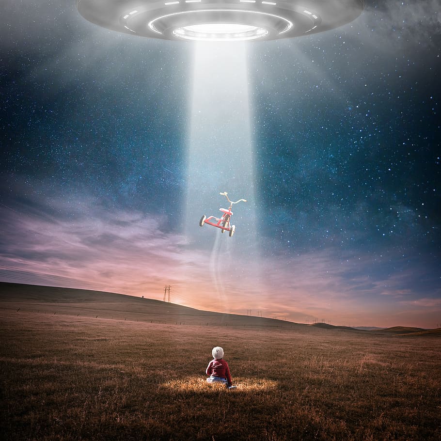 ufo, aliens, at night, abduction, star, universe, child, alone, HD wallpaper