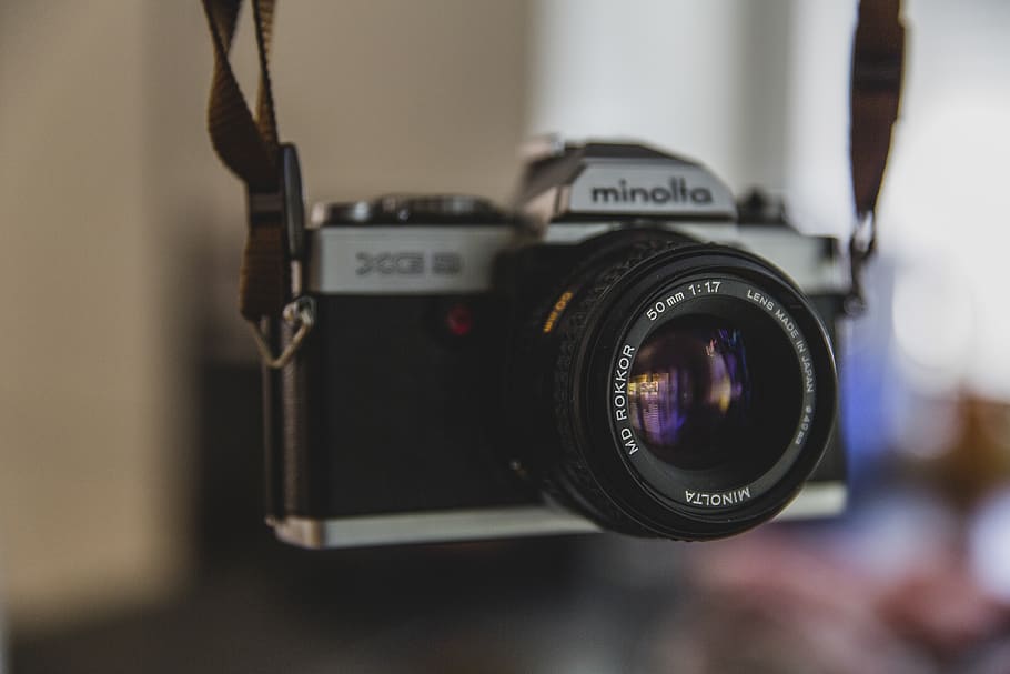 Konika Minolta Silver Black Dslr Camera, classic, close-up, gadget HD wallpaper
