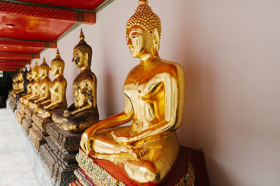 gold-colored Buddha statues, worship, art, thailand, bangkok HD wallpaper