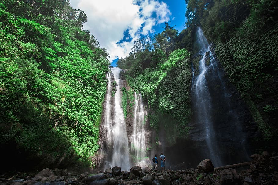 waterfall, people, sky, bali, wow, awesome, natura, green, my love, HD wallpaper