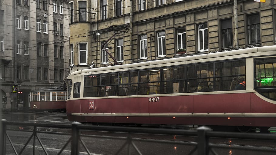 red and white tram, train, vehicle, transportation, cable car HD wallpaper