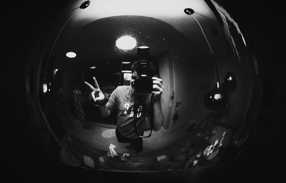 Monochrome Photo of Man Capturing His Reflection, black-and-white, HD wallpaper