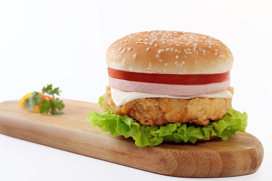 Meat Burger on Brown Oval Board, chicken sandwich, fast food