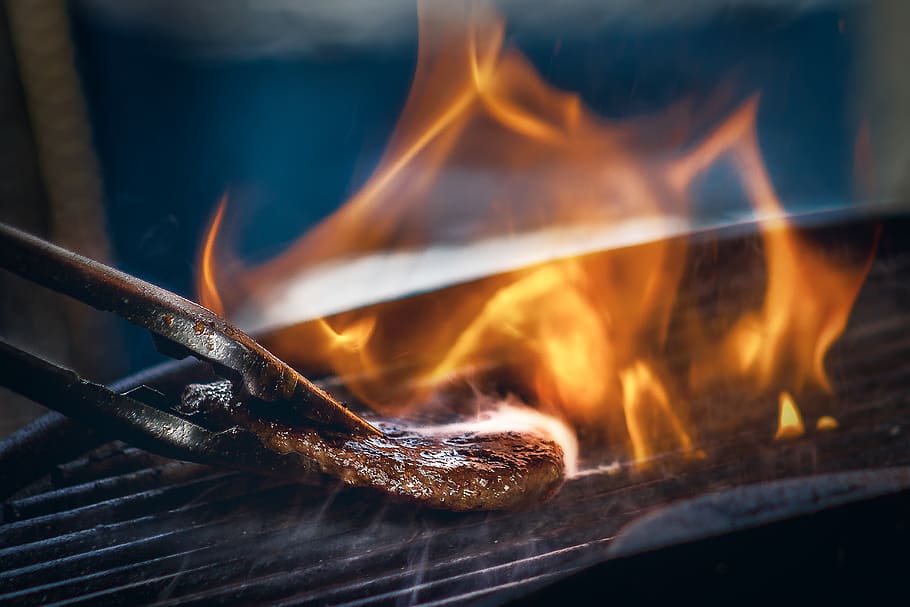meat on grilling screen, heat - temperature, burning, fire, flame HD wallpaper