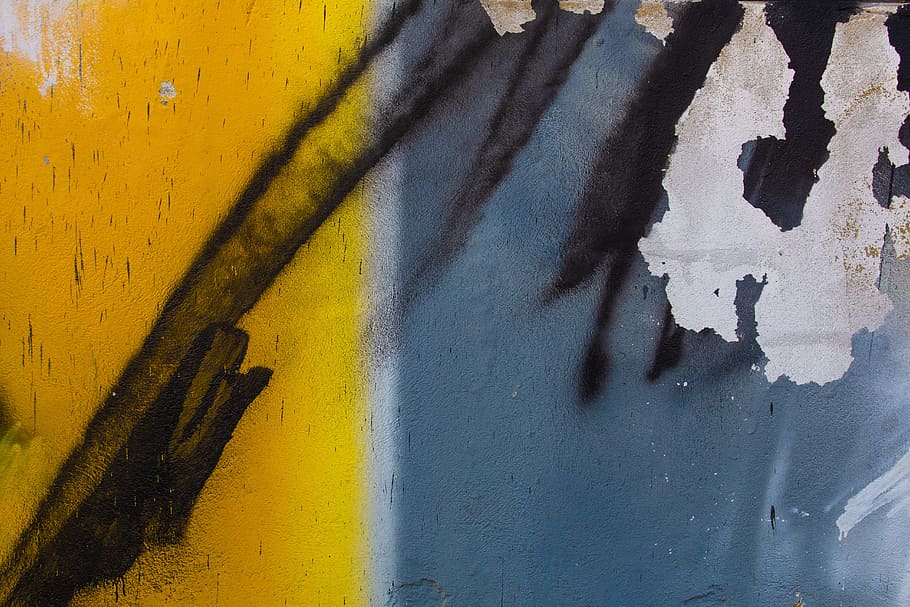 blue and yellow paint, abstract, graffiti, grunge, wall, norwood HD wallpaper