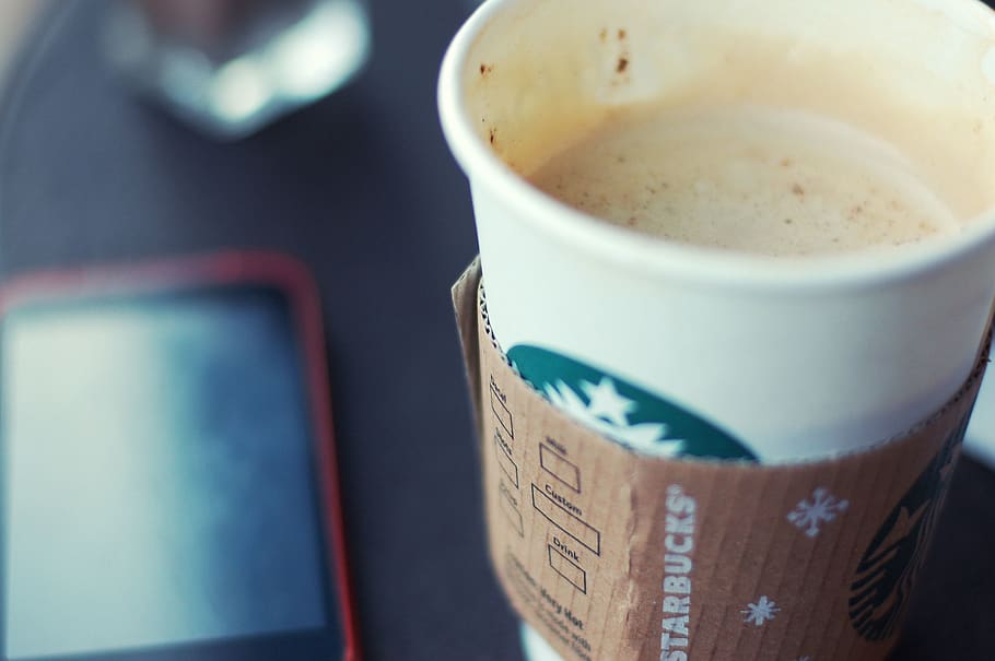starbuck, in cafe, coffee, table, cappuccino, cup, refreshment HD wallpaper