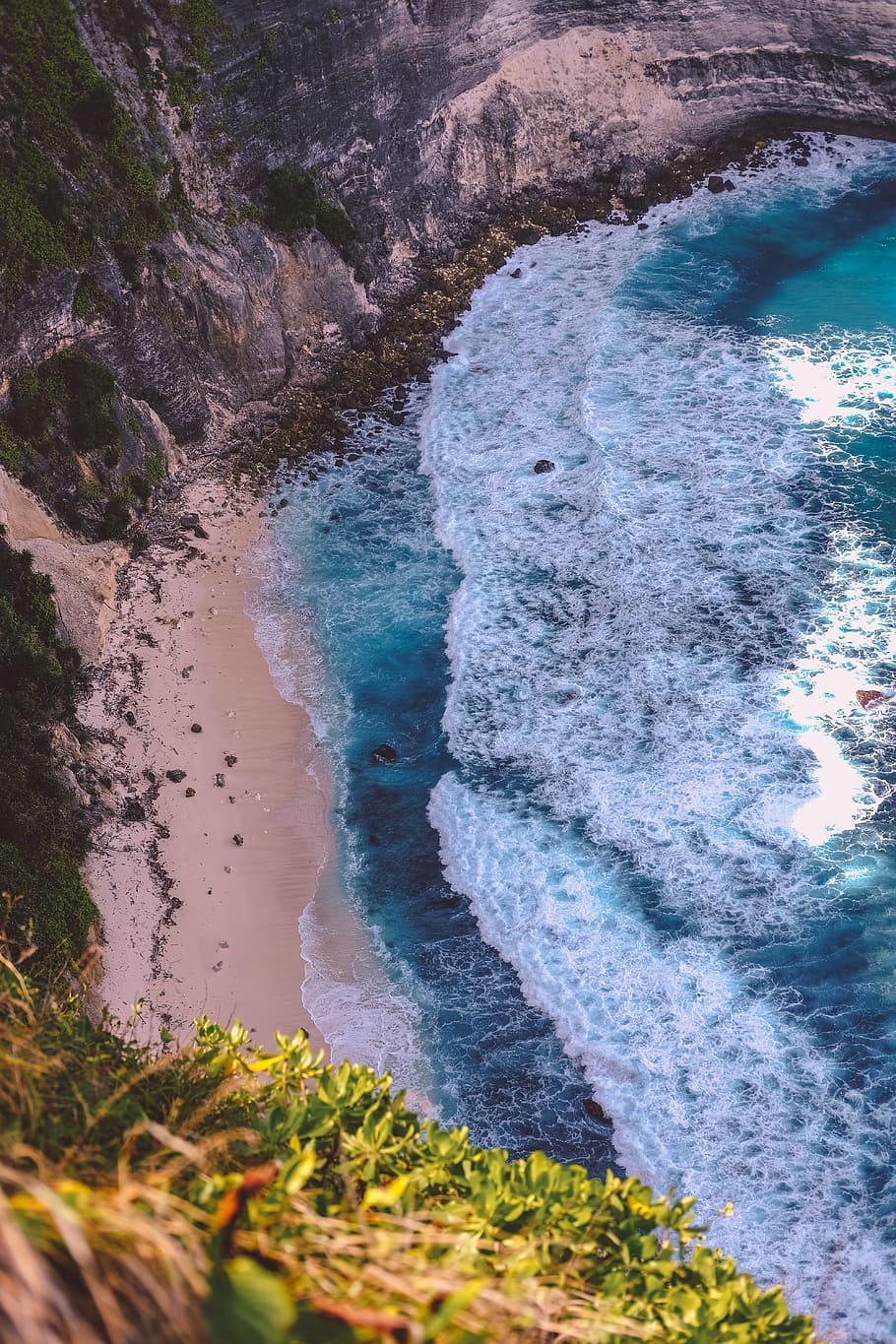 top view of beach shore, drone view, cove, sea, ocean, wave, holiday, HD wallpaper