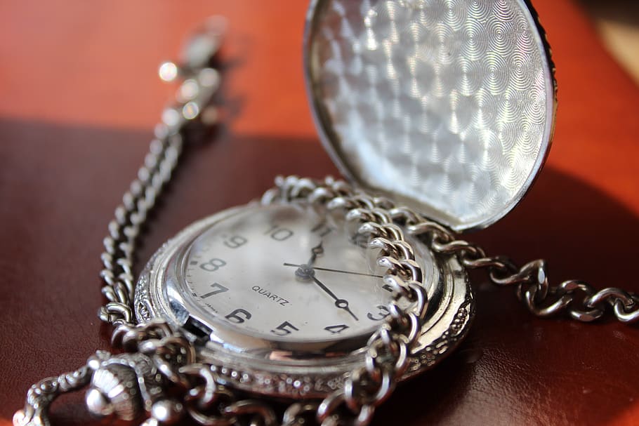 Round Silver-colored Pocket Watch, antique, chain, chain-link HD wallpaper