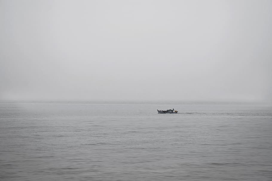 boat, landscape, alone, mood, whitespace, grey, ocean, sea HD wallpaper