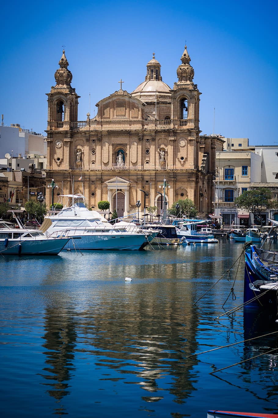 malta, sea, boat, church, summer, water, sky, blue, port, ocean