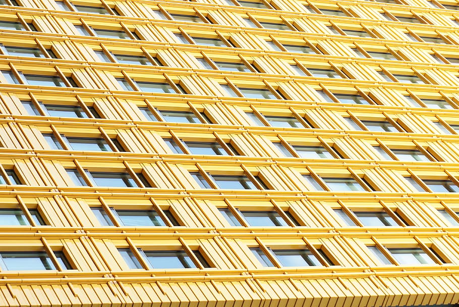 yellow concrete building, home decor, window, office building HD wallpaper
