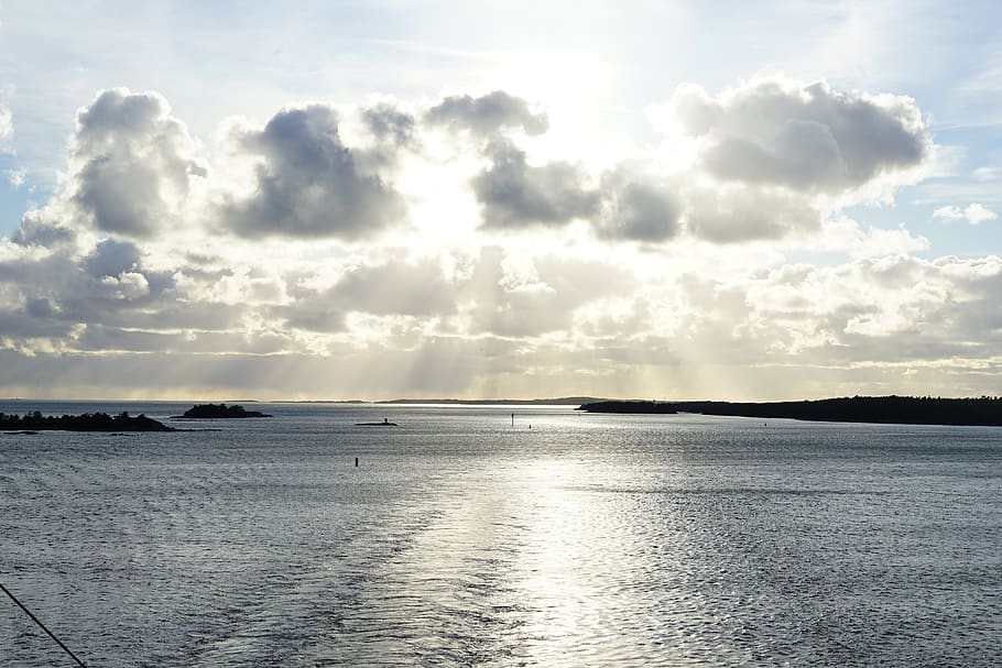 sea, sun, clouds, water, ocean, sky, boat, summer, landscape HD wallpaper