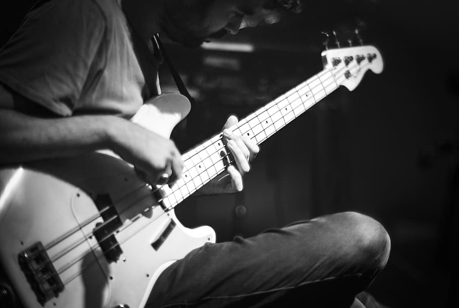 bass, guitar, player, music, black and white, strings, hands, HD wallpaper