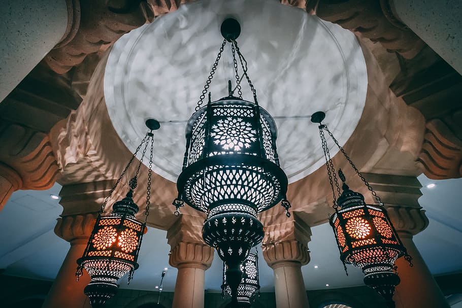 mosaic projecting lamp hanging on the ceiling, low angle view HD wallpaper