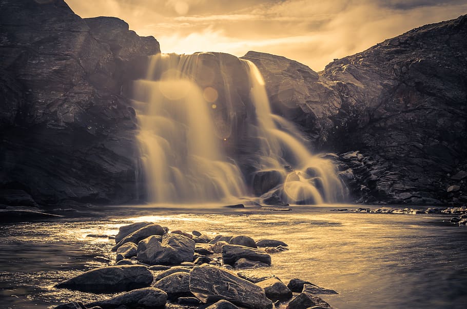 low angle of waterfalls, sweden, mountain, river, abisko, light, HD wallpaper