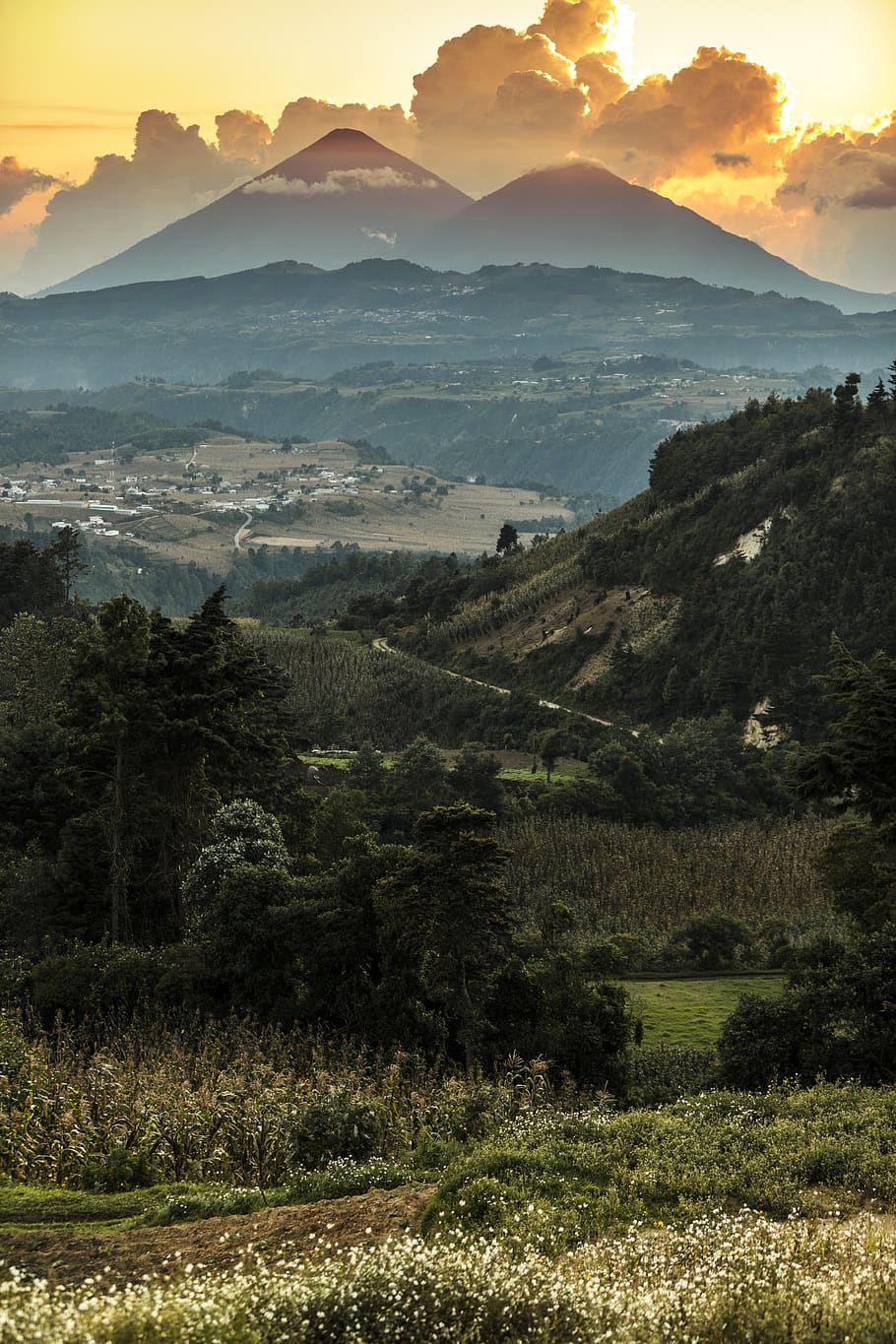 landscape, sunset, forest, mountains, sky, road, volcano, crops HD wallpaper