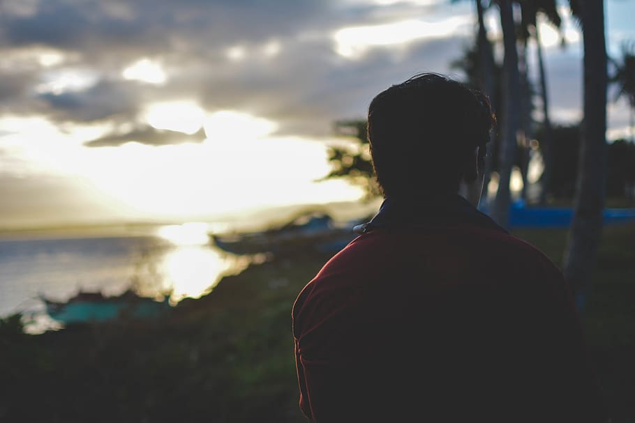 mornings, sunrise, back, rays, rear view, one person, leisure activity HD wallpaper