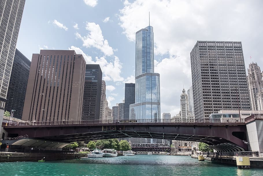 Chicago river, architecture, blue, bridge, building, city, cityscape HD wallpaper