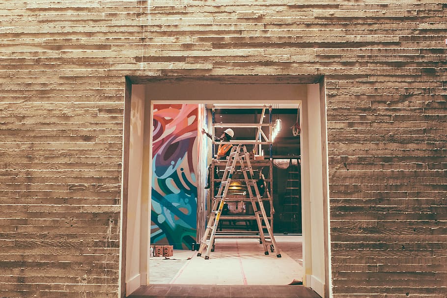 gray ladder inside building, art, brick, wall, graffiti, wood, HD wallpaper