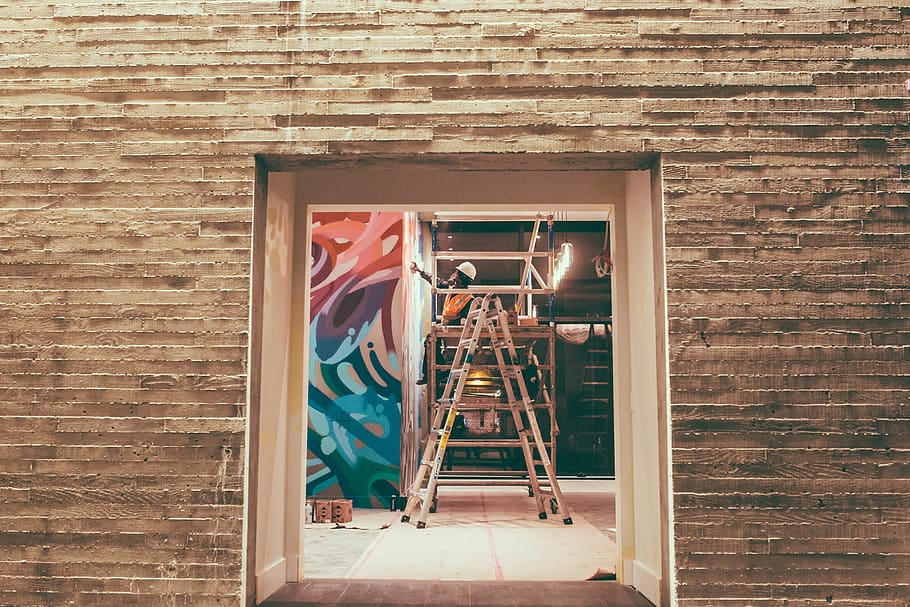 gray ladder inside building, art, brick, wall, graffiti, wood HD wallpaper