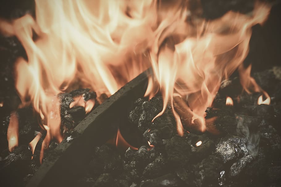 lighted bonfire, flame, human, person, forge, coal, hearth, fireplace HD wallpaper