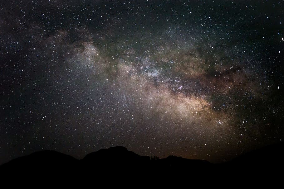 silhouette photography of mountain under sky, star, galaxy, landscape HD wallpaper