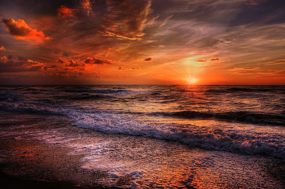 Shore during Sunset, beach, clouds, idyllic, ocean, sand, scenic, HD wallpaper
