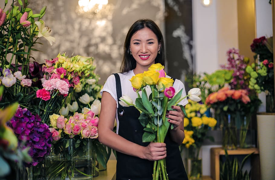 Woman Holding Flowers, beautiful, bouquet, flora, florist, flower arrangement