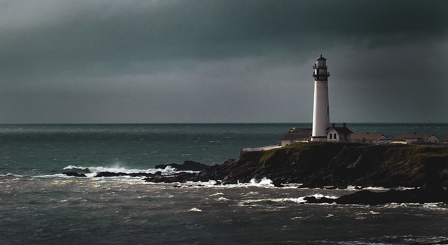 white lighthouse beside shore, building, beacon, tower, architecture HD wallpaper
