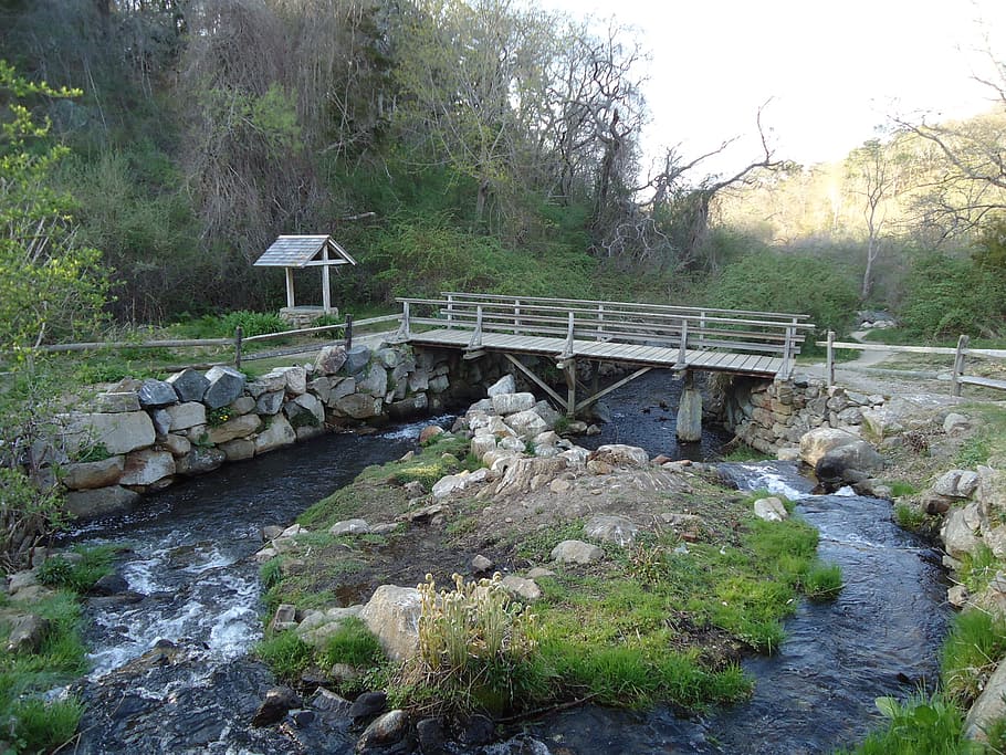 bridge, foot, stream, rural, tree, plant, solid, rock, water, HD wallpaper