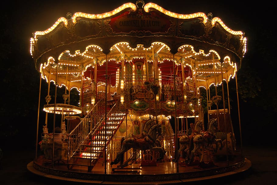 lighted horse carousel, amusement park ride, arts culture and entertainment HD wallpaper