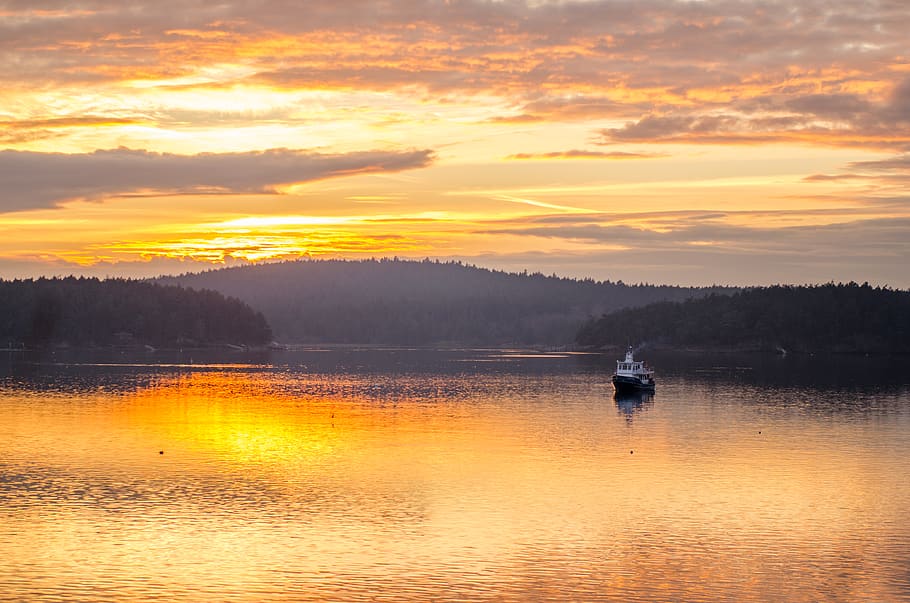 sunset, sunshine, boat, tug, water, island, scenics - nature HD wallpaper