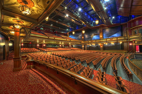 Orange Chairs Inside Theater Room, architecture, auditorium, building HD wallpaper