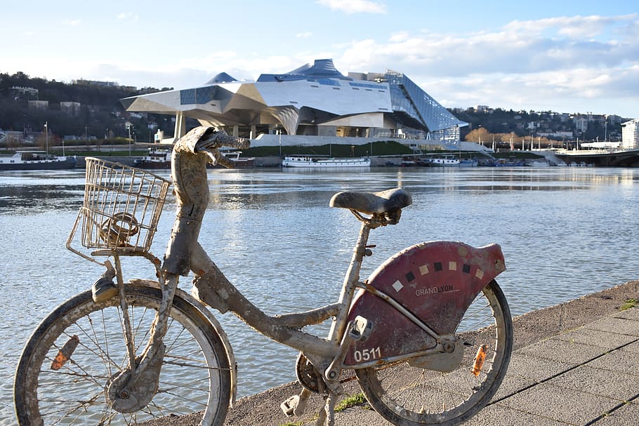 bikes, rhone, confluence, lyon, water, transportation, architecture HD wallpaper