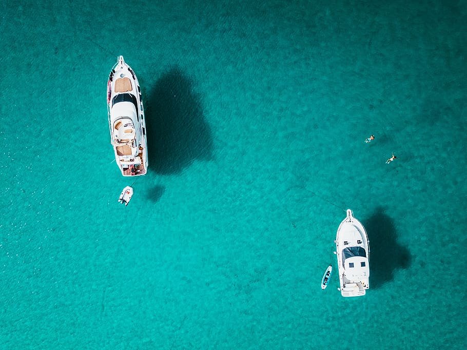 top view of two white yachts, blue, boat, anchor, summer, drone, HD wallpaper