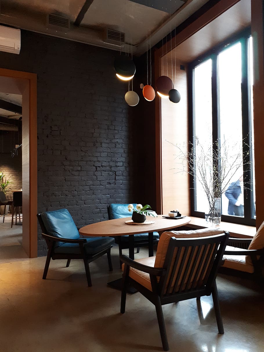 Empty Oval Brown Wooden Table, chairs, contemporary, cozy, design HD wallpaper
