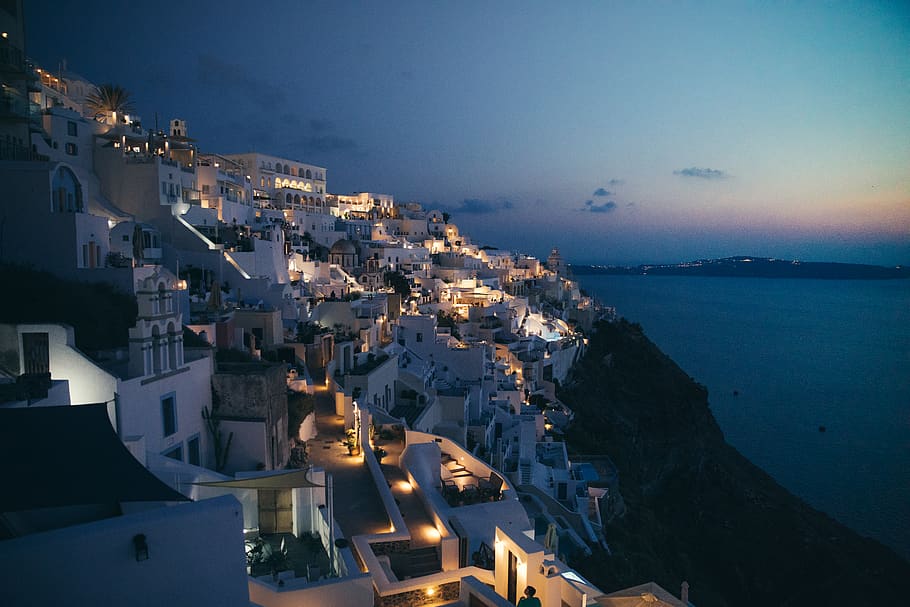 Santorini Greece during nighttime, architecture, building exterior HD wallpaper
