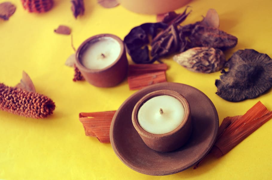 Candle in a terra-cotta holder #2, fire, flame, light, indoors HD wallpaper